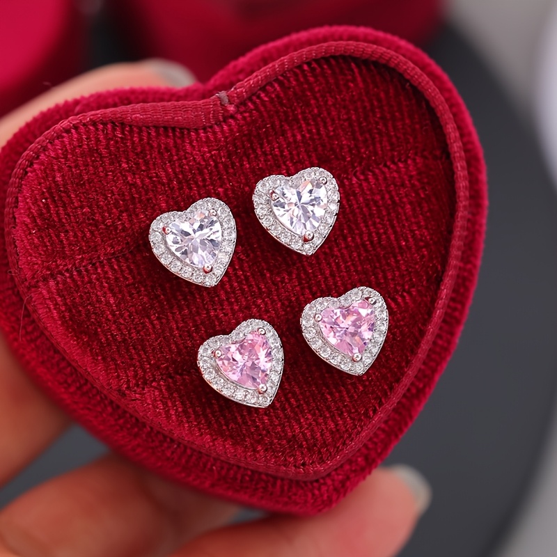 2 Pairs Silvery-Tone Copper Heart Halo Stud Earrings